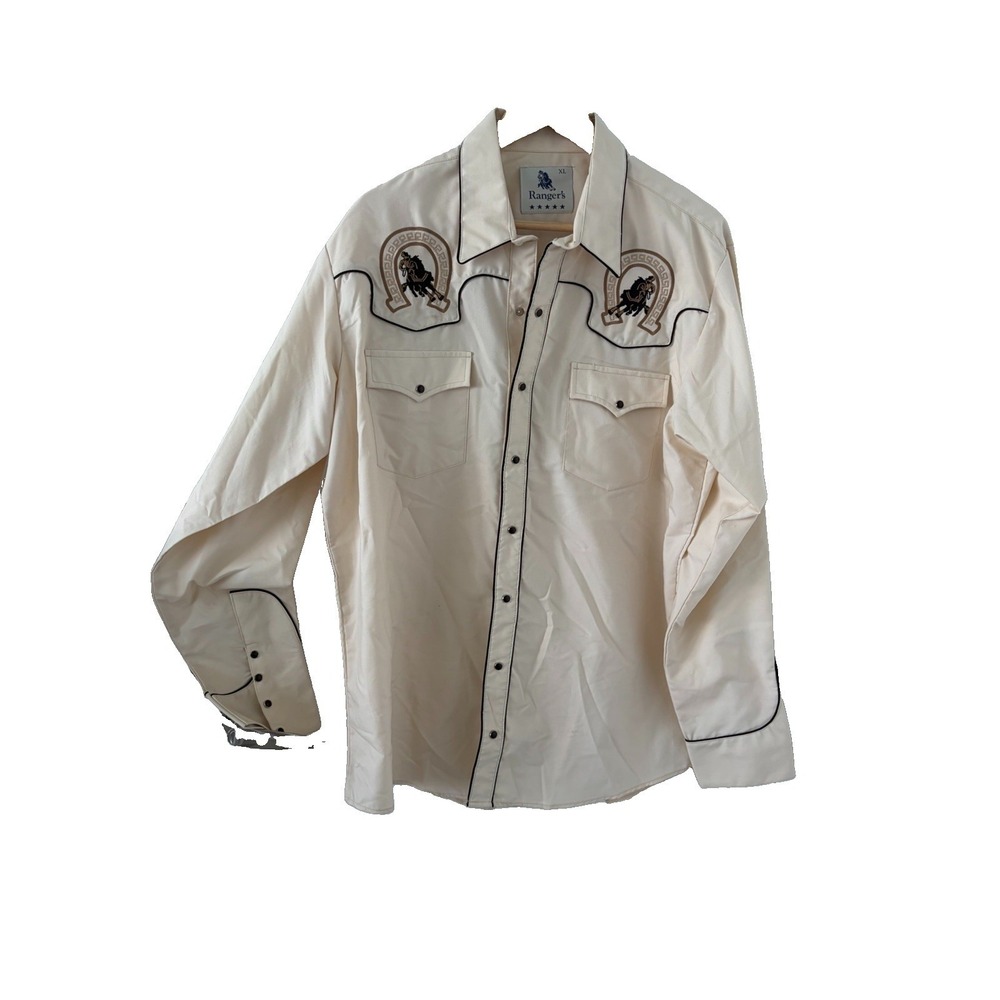 Ranger's Legend Western Shirt Men XL Tan Horseshoe Pearl Snap Embroidered